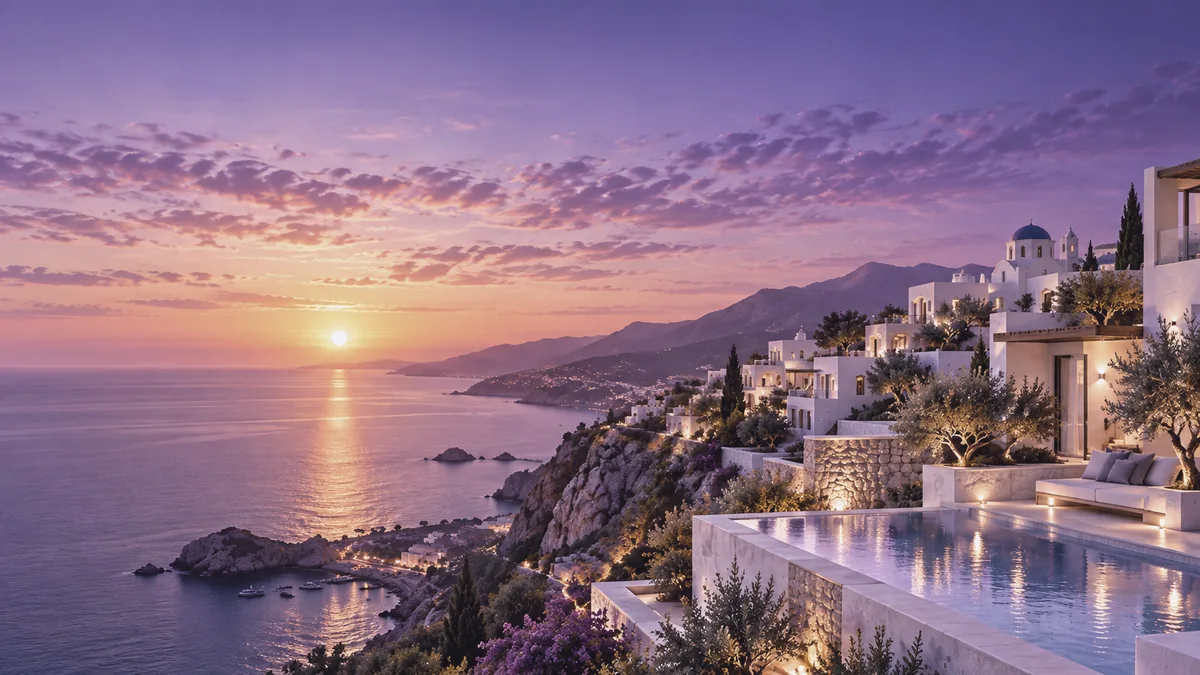 Conceptual Mediterranean coastal architecture at sunset